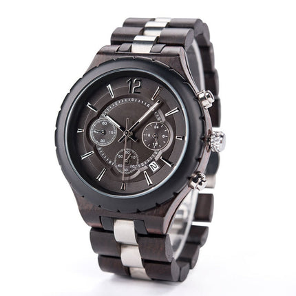 D21 Men Wooden Strap Stainless Steel Luminous Waterproof Watch, White, Black