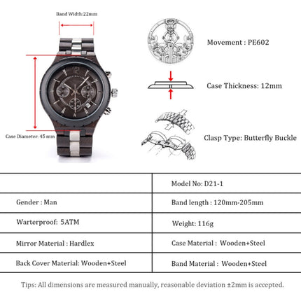 D21 Men Wooden Strap Stainless Steel Luminous Waterproof Watch, White, Black