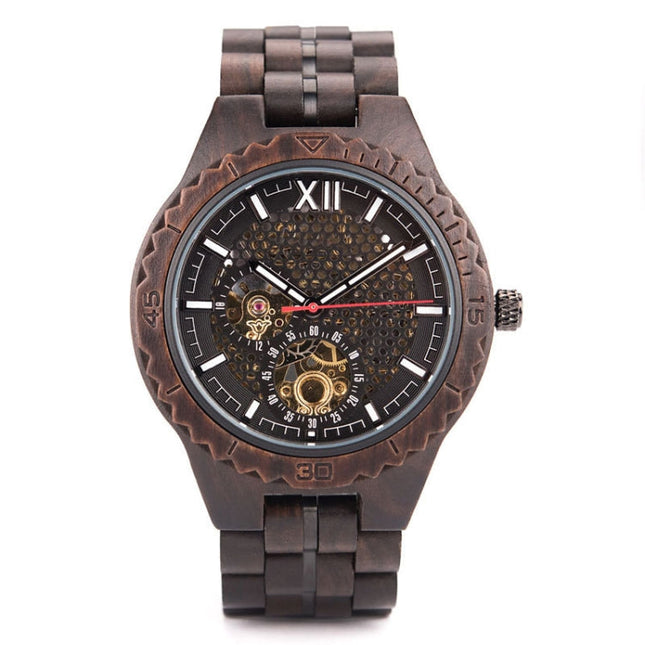 Hollow Dial Wooden Strap Men Mechanical Watch, D27-1, D27-2