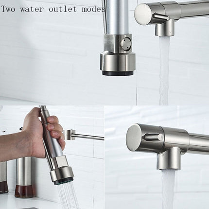Copper And Nickel Brushed Double Outlet Spring Faucet Rotatable Kitchen Hot And Cold Water Faucet, Brushed Silver