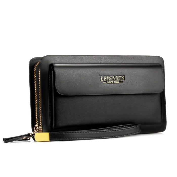 LEINASEN A82 Handbag Men Business Clips Long Big Capacity Casual Multi-Card Zipper, Black, Brown