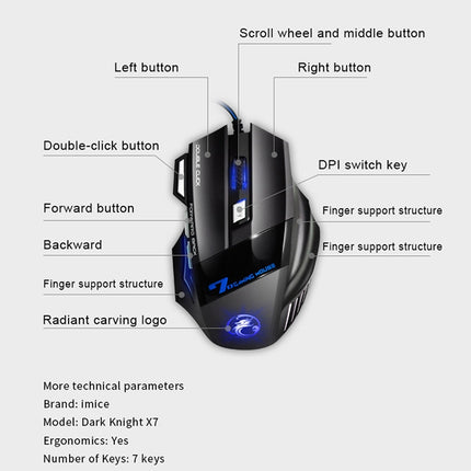 IMICE X7 2400 DPI 7-Key Wired Gaming Mouse with Colorful Breathing Light, Cable Length: 1.8m, Skin Black E-commerce Version, Sunset Yellow E-commerce Version, Skin Black Color Box Version, Sunset Yellow Color Box Version