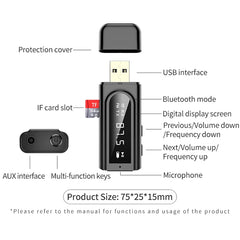 USB Car Bluetooth 5.0 Adapter Receiver FM + AUX Audio Dual Output Stereo Transmitter, K9 Black