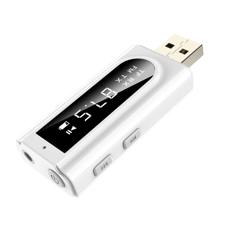 USB Car Bluetooth 5.0 Adapter Receiver FM + AUX Audio Dual Output Stereo Transmitter, K9 White