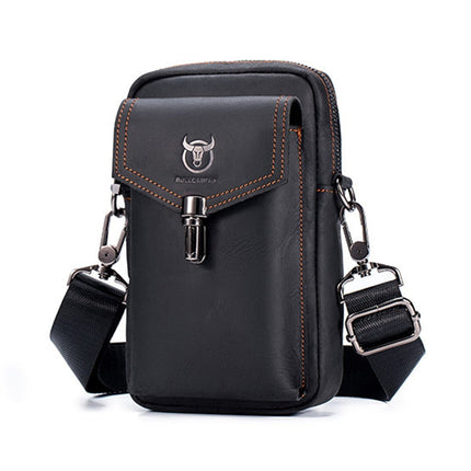 BULL CAPTAIN 076 Retro Leather Mobile Phone Waist Bag Men Leather Messenger Bag, Black, Brown