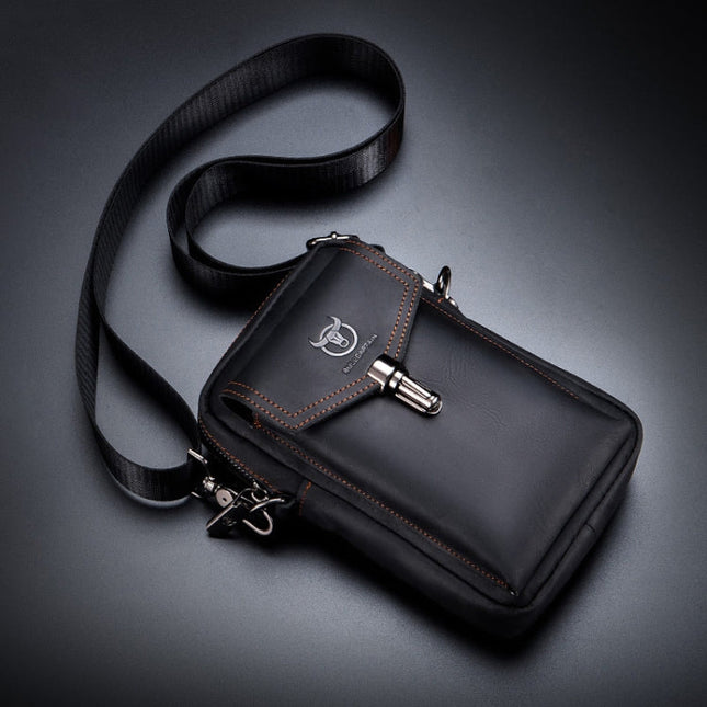 BULL CAPTAIN 076 Retro Leather Mobile Phone Waist Bag Men Leather Messenger Bag, Black, Brown