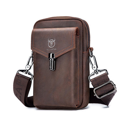 BULL CAPTAIN 076 Retro Leather Mobile Phone Waist Bag Men Leather Messenger Bag, Black, Brown
