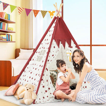 Indian Children Tent Cotton Cloth Indoor Play House Parent-Child Doll House, Pink Stars, Wavy Pattern