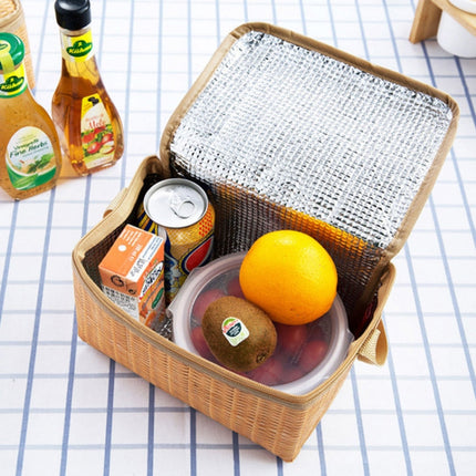 Portable Insulated Thermal Lunch Box Canvas Imitation Rattan Lunch Bag Picnic Container