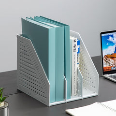 Deli 78995 Three-Compartment File Rack Foldable Desktop Storage Book Stand, Dark Gray, Light Gray