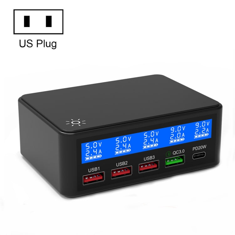 618 QC3.0 + PD20W + 3 x USB Ports Charger with Smart LCD Display,, EU Plug (Black), US Plug  (Black), AU Plug (Black), UK Plug  (Black), EU Plug (White), US Plug (White), AU Plug (White), UK Plug (White)