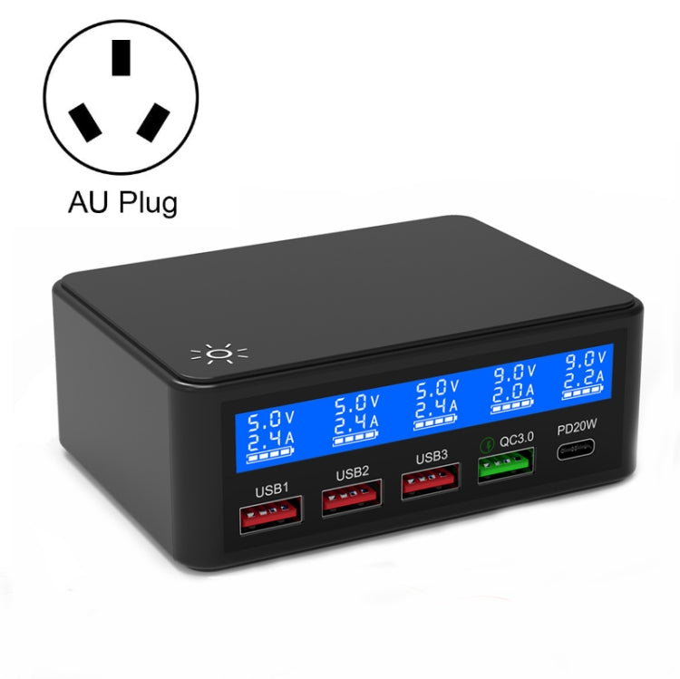 618 QC3.0 + PD20W + 3 x USB Ports Charger with Smart LCD Display,, EU Plug (Black), US Plug  (Black), AU Plug (Black), UK Plug  (Black), EU Plug (White), US Plug (White), AU Plug (White), UK Plug (White)