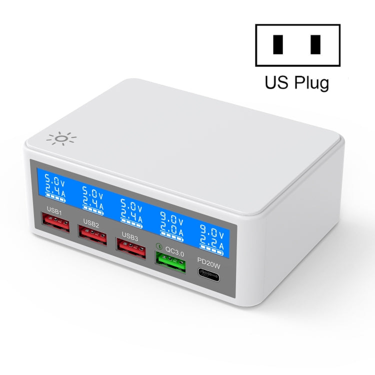 618 QC3.0 + PD20W + 3 x USB Ports Charger with Smart LCD Display,, EU Plug (Black), US Plug  (Black), AU Plug (Black), UK Plug  (Black), EU Plug (White), US Plug (White), AU Plug (White), UK Plug (White)