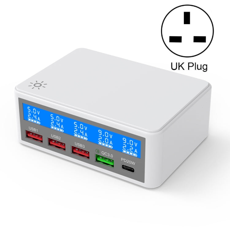 618 QC3.0 + PD20W + 3 x USB Ports Charger with Smart LCD Display,, EU Plug (Black), US Plug  (Black), AU Plug (Black), UK Plug  (Black), EU Plug (White), US Plug (White), AU Plug (White), UK Plug (White)