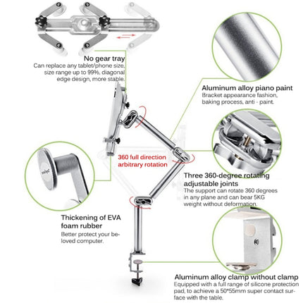 TB-03 Universal Desk Clamp Tablet Stand Aluminum Alloy Articulating Arm with 3-Section Folding & 360-degree Rotation, TB-03