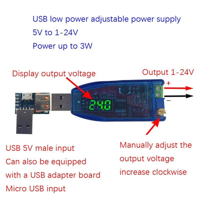 5V To 1-24V DC-DC USB Adjustable Power Supply Regulator Module, Color Random Delivery, 5V To 1-24V