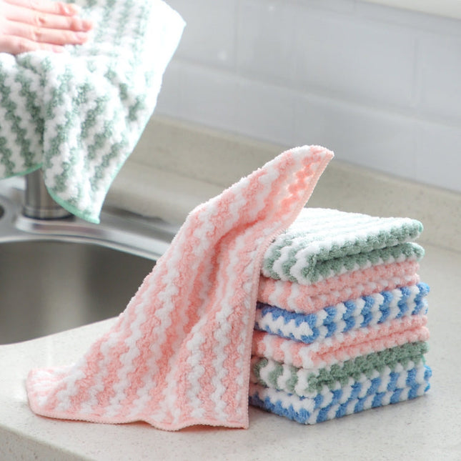 10 PCS  Absorbent Wave Dish Cloth Rag Non-stick Oil Coral Velvet Dish Towel (Random Color Delivery)