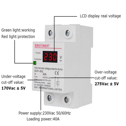 SINOTIMER 220V LED Digital Display Delay Automatic Reset Under-voltage Protector, SVP-60L