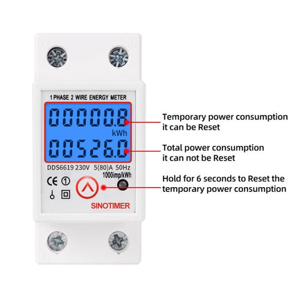 SINOTIMER DDS6619-526L-2 Can Reset Zero Backlight Display Single-phase Rail Electric Energy Meter, DDS6619-526L-2