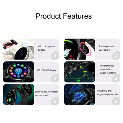 HD3 1.32 Inch Heart Rate Monitoring Smart Watch with Payment Function, Black Steel, Silver Steel, Black Leather, Silver Leather