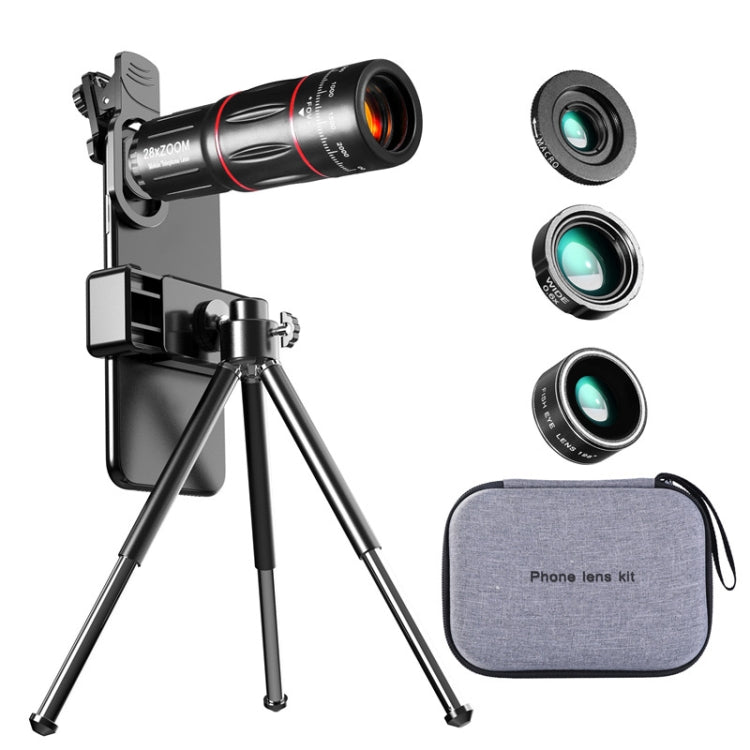 Mobile Phone Universal Lens Telescope 28X + Wide Angle 0.6X + Macro 20X + Fisheye 198 Degree Set, Multi-combination Set