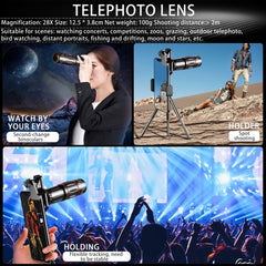 Mobile Phone Universal Lens Telescope 28X + Wide Angle 0.6X + Macro 20X + Fisheye 198 Degree Set, Multi-combination Set