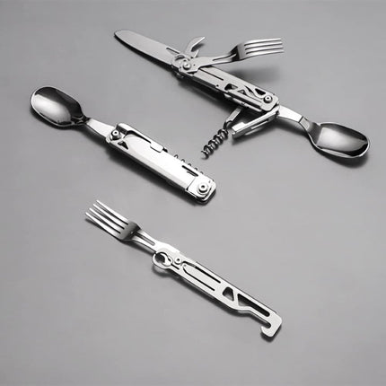 6-in-1 Folding Tableware (Fork/Knife/Spoon/Bottle Opener) for Camping and Survival