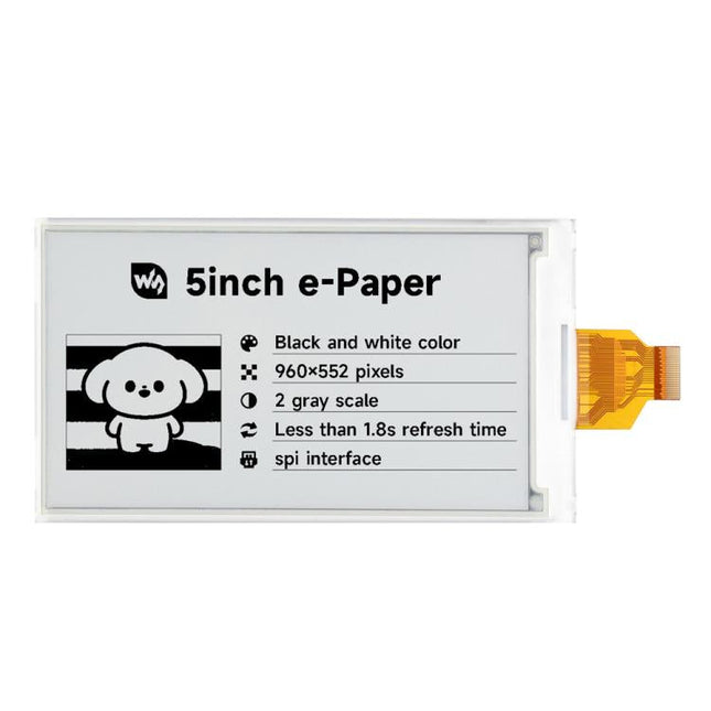 Waveshare 5inch E-Paper Display 960×552 Resolution, SPI Interface Compatible With Raspberry Pi GPIO, Display Only, With Driver HAT
