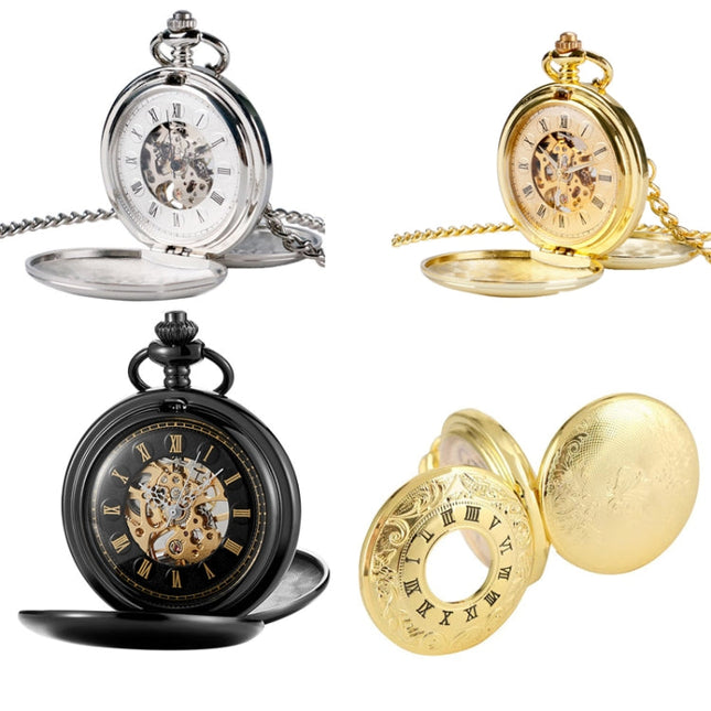 pm240 Classic Double Open Double Face Vintage Manual Mechanical Pocket Watch with Roman Lettering