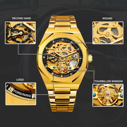 FORSINING F980 Luminous Three Eye Six Shot Weekly Steel Belt Men Fully Automatic Mechanical Watch