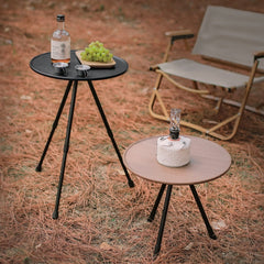 Outdoor Aluminum Alloy Folding Small Round Table Portable Liftable Camping Table, Black, Wood Color