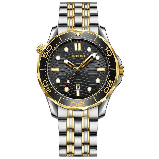 BINBOND B2820 Luminous 30m Waterproof Men Sports Quartz Watch, Inter-gold Black Surface, Inter-gold Blue Surface, Blue Silicon White Steel Blue