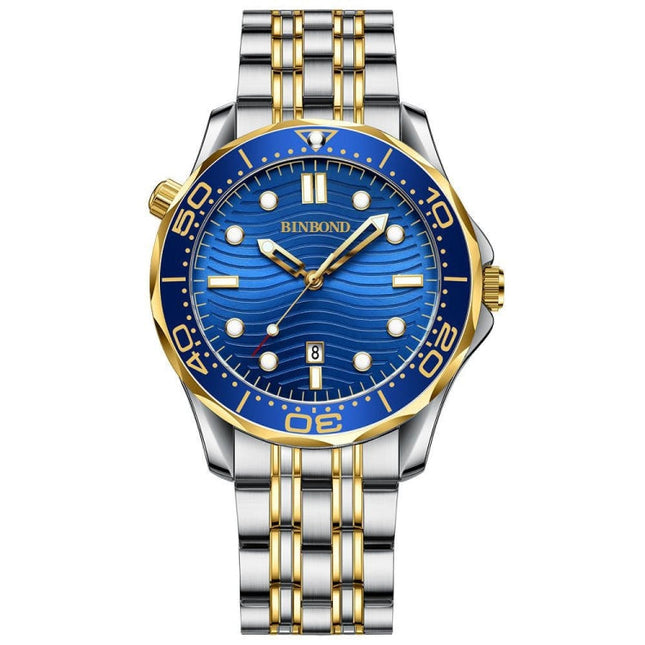 BINBOND B2820 Luminous 30m Waterproof Men Sports Quartz Watch, Inter-gold Black Surface, Inter-gold Blue Surface, Blue Silicon White Steel Blue