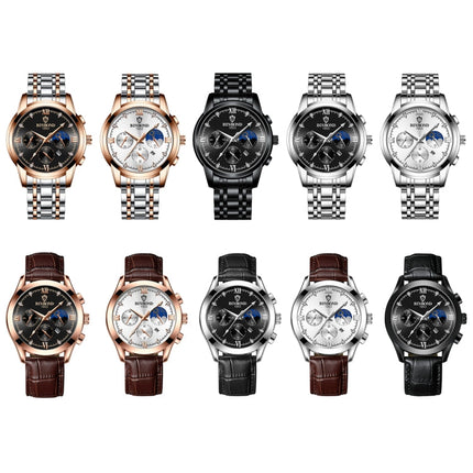 BINBOND B3591 30m Waterproof Luminous Calendar Men Watch, Black Steel-Black, Black Leather-White-Black, Brown Leather-White-White