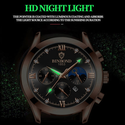 BINBOND B3591 30m Waterproof Luminous Calendar Men Watch, Black Steel-Black, Black Leather-White-Black, Brown Leather-White-White