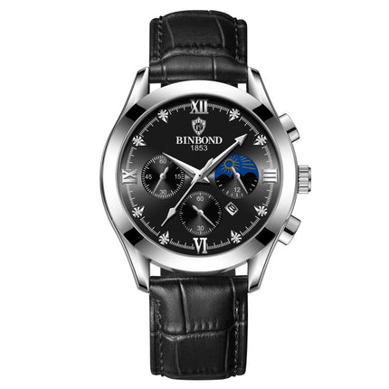 BINBOND B3591 30m Waterproof Luminous Calendar Men Watch, Black Steel-Black, Black Leather-White-Black, Brown Leather-White-White