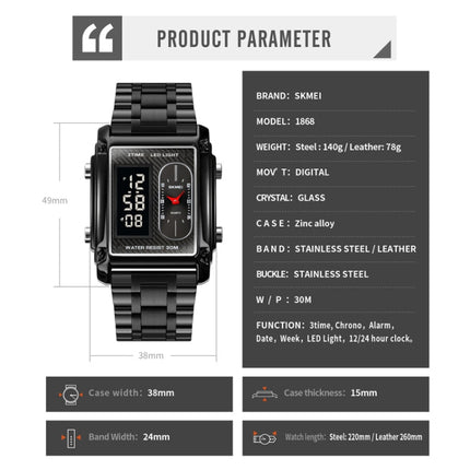 SKMEI 1868 Square Double Display Waterproof Men Watch, Style:, Steel Belt (Black), Leather Belt (Black), Steel Belt (Rose Gold), Leather Belt (Rose Gold), Steel Belt (Gold), Leather Belt (Gold), Steel Belt (Silver), Leather Belt (Silver)