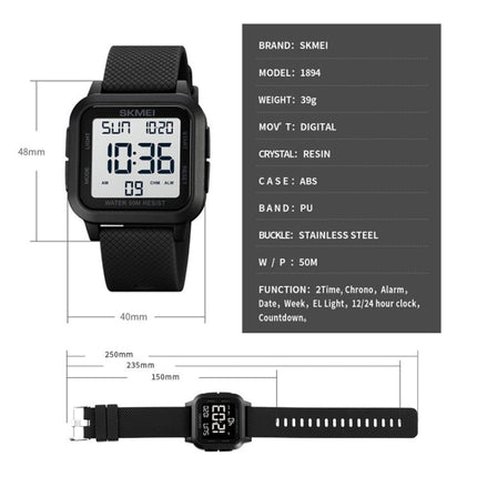 SKMEI 1894 Square Sports Waterproof Student Simple Multifunctional Luminous Watch