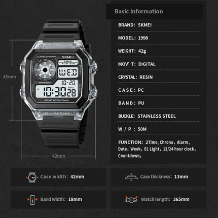 SKMEI 1998 Transparent Shell Ice Sensor Outdoor Sports Waterproof Multi-function Watch, 1998 White, 1998 Black