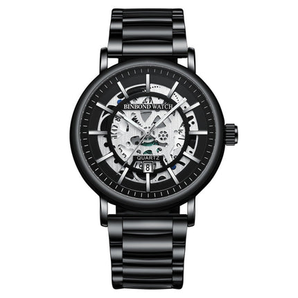 BINBOND B7872 Multifunctional Hollow Luminous Waterproof Quartz Watch, Black Steel-Black-White, Black Leather-Black-Black, Black Leather-White-Black
