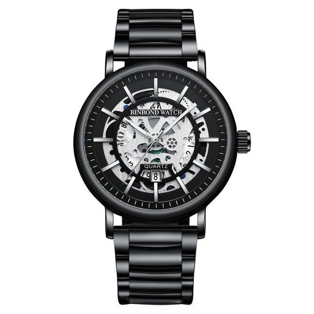 BINBOND B7872 Multifunctional Hollow Luminous Waterproof Quartz Watch, Black Steel-Black-White, Black Leather-Black-Black, Black Leather-White-Black