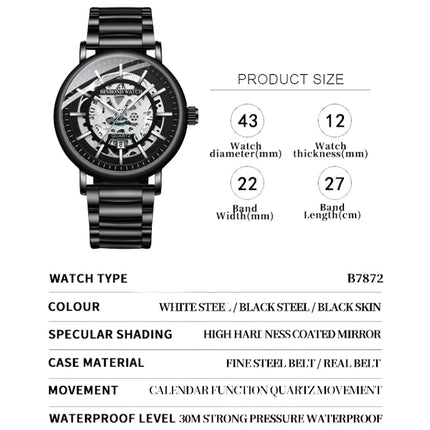 BINBOND B7872 Multifunctional Hollow Luminous Waterproof Quartz Watch, Black Steel-Black-White, Black Leather-Black-Black, Black Leather-White-Black
