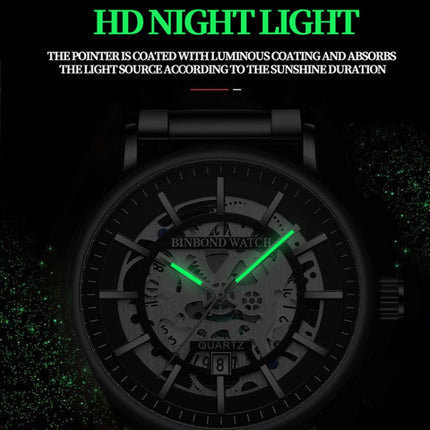 BINBOND B7872 Multifunctional Hollow Luminous Waterproof Quartz Watch, Black Steel-Black-White, Black Leather-Black-Black, Black Leather-White-Black
