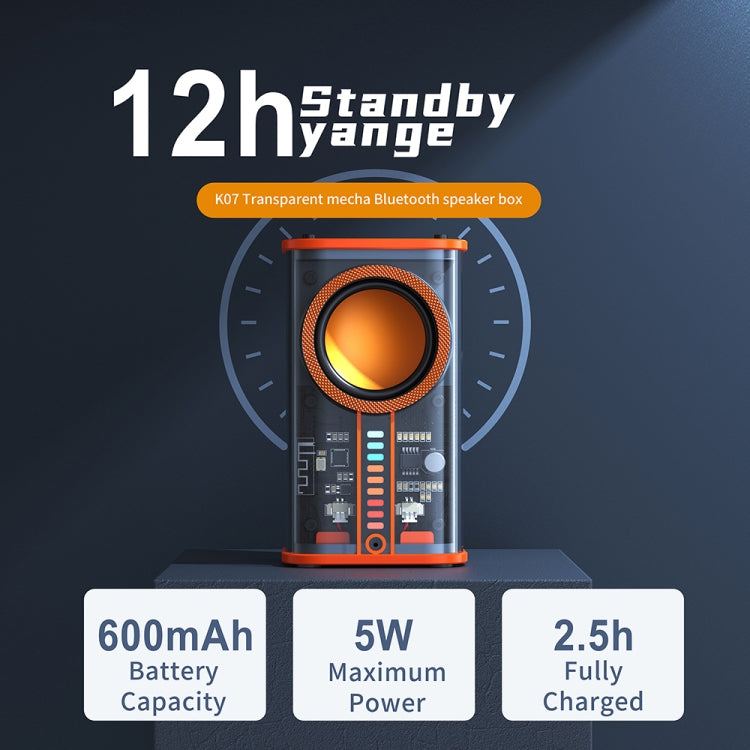 K07 Transparent Mecha Small Steel Cannon Bluetooth Speaker Sound and Light Rhythm TWS Series Wireless Audio, K07 (Orange), K07 (Black)