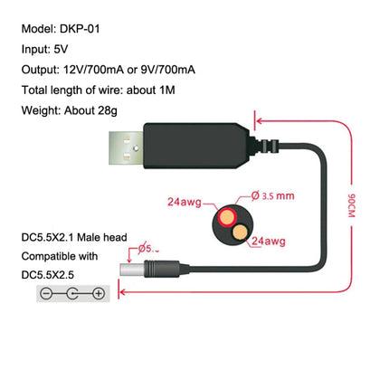 USB Booster Cable Mobile Power Router Power Cord, 2pcs DC 5v to 9v, 2pcs DC 5v to 12v