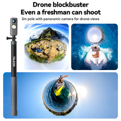 TELESIN 3M Carbon Fiber Selfie Stick Monopod  With 1/4 Screw For Action Camera, 3m