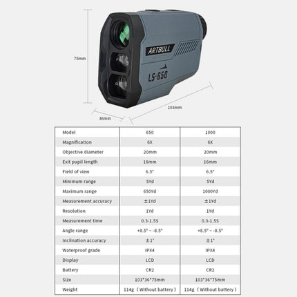 ARTBULL LS-650 Outdoor Golf Laser Rangefinder 650m Altimeter Telescope, LS-650