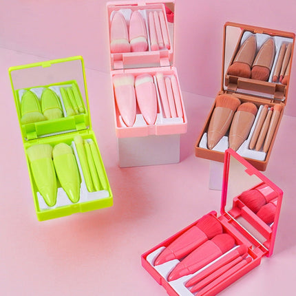5pcs/Set Medium Portable Makeup Brush Set With Mirror Mini Multifunctional Makeup Brush, Brown, Rose Red, Pink, Fluorescent Green