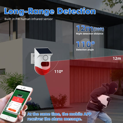 Infrared Motion Detector Solar Outdoor PIR Wireless Strobe Siren Detector Sound Alarm, CT80R USB Upgrade Model