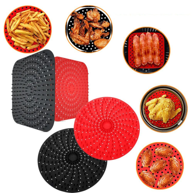 Air Fryer Reusable Silicone Liner Mat Non-Stick Steamer Pad Kitchen Accessories, Square Red 20.2cm, Square Black 23cm